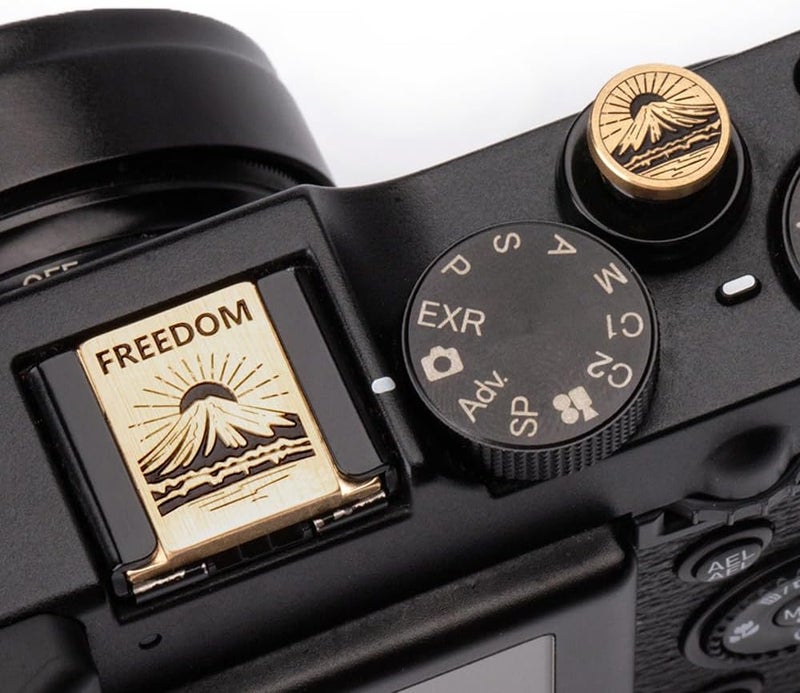 DBZZ Mountain Sunrise Pattern Camera Metal Hot Shoe Cover Shutter Buttons Set for Fujifilm X100VI XT30 Xpro2 Xpro1 XT3 XT4 XT5 (Copper Alloy-Set) - Image 1